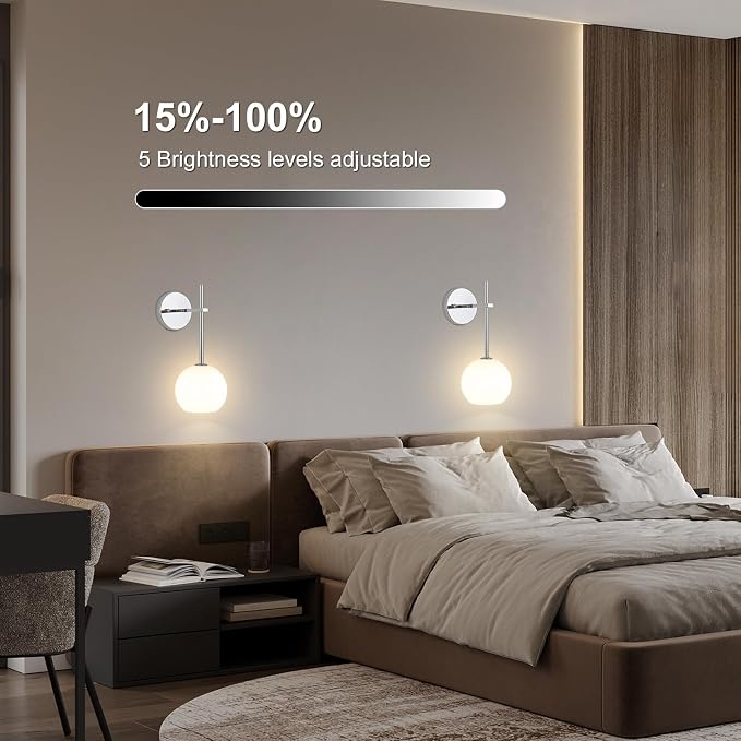 Chrome Battery Operated Wall Sconces Set of 2, Rechargeable Wireless Wall Lights with Milky White Frosted Glass, 12 RGB and 3CCT Dimmable, Wall Lamps with Remote for Bedroom Living Room Hallway