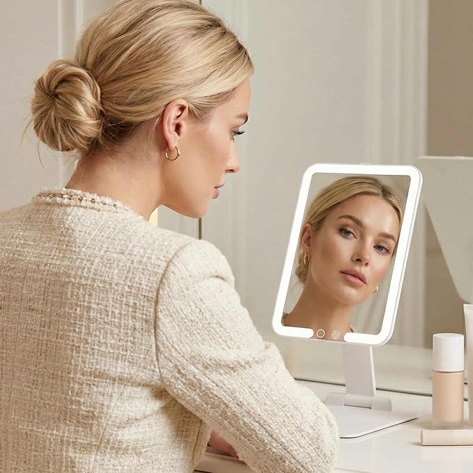 Fancii Rechargeable Travel Makeup Mirror with Bright LED Lights and 3 Color Modes - Ultra Thin, Portable and Lightweight, Touch Dimming, Compact Folding Mirror, Lighted Vanity Mirror, Nora Mini