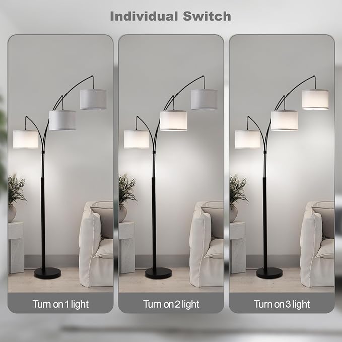 Floor lamp with Remote, 3 Light Arc Floor Lamps for Living Room, 2400LM Tall Standing Floor Lamps with Gray Shades, 80" Large Floor Lamp for Bedroom, Office