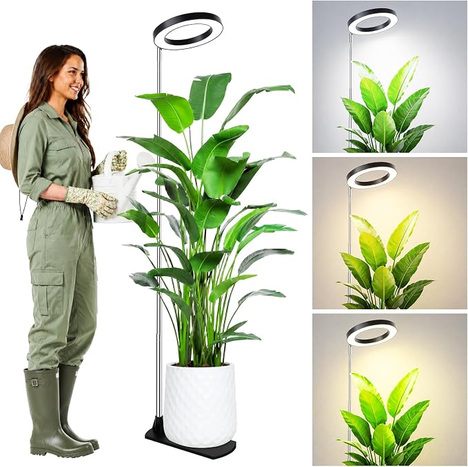 LBW Grow Lights for Indoor Plants, 6.3" Full Spectrum Plant Light with Base | 59" Adjustable Grow Lamp For tall Large Plants, Base/Soil Stake, 6/8/12/16H Auto Timer, 3 Light Color, 5 Brightness, Black