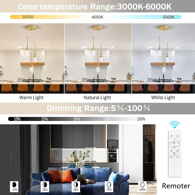 cenzoz 3-Lights Modern Pendant Lights for Kitchen Island LED Dimmable Crystal Glam Ceiling Pendant Lighting Chandelier for Dining Room Hallway Bedroom Corner Lamp Antique Gold