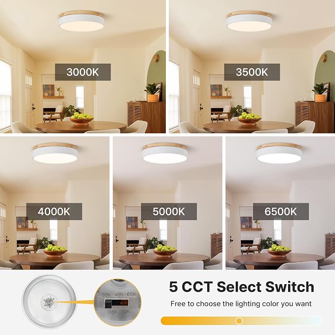 12" Minimalist White and Wood LED Flush Mount Ceiling Light Fixture | Natural Wood Accent, Integrated LED, 5CCT Before Installation, Slim Low-Profile Design, Minimalist Modern Style, Compact Size