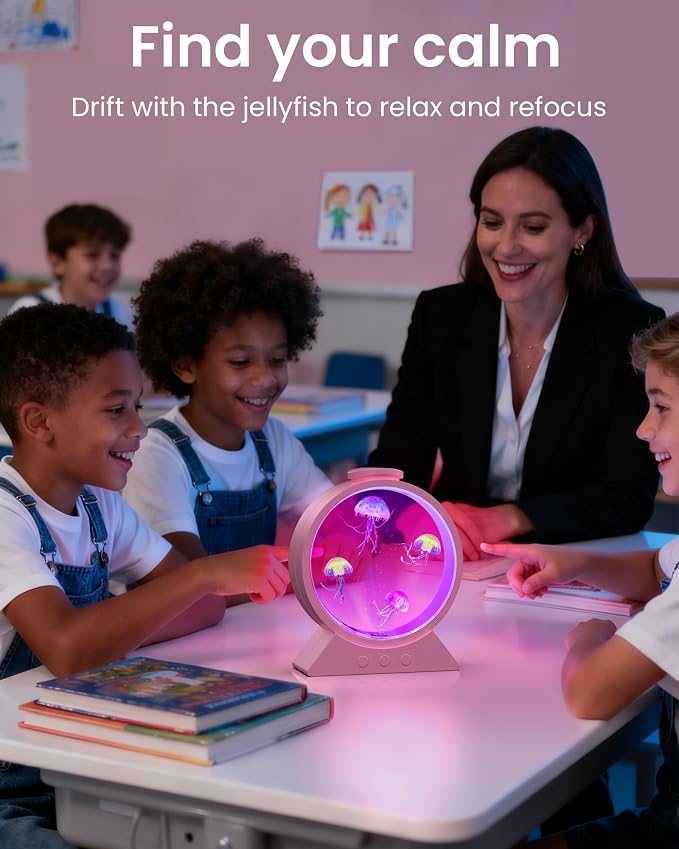 Jellyfish Lamp for Sleep Anxiety Calming Night Light for Bedroom(Pink) | Whisper-Quiet Sensory | 7 Soft Color Modes | Adjustable Water Flow | 8H Auto-Off Timer | Rounded Tank Lamp Gift for All Ages