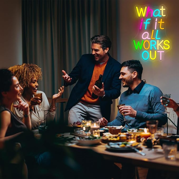 What If It All Works Out Neon Sign for Wall Decor | Dimmable inspirational neon light, gym office classroom bedroom decor, wall gift for teenagers, size 14.6*10.6 in