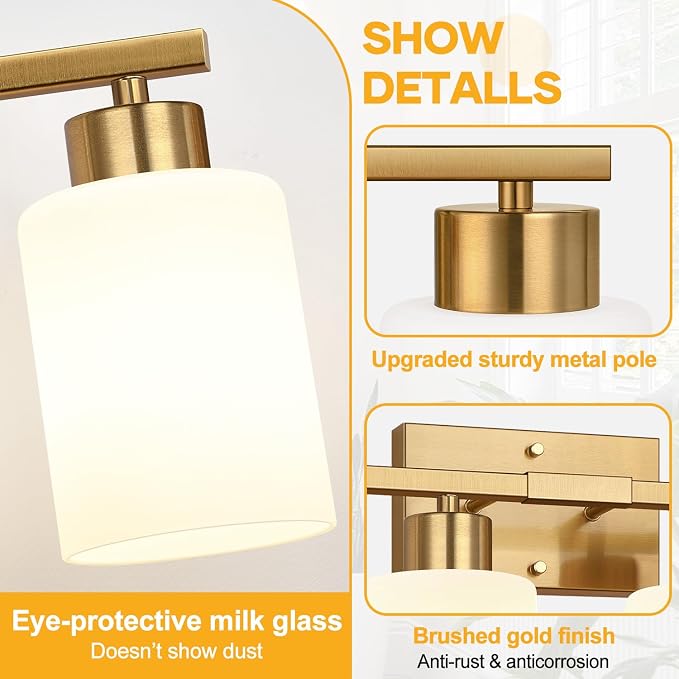 4-Light Bathroom Light Fixtures, Brushed Gold Vanity Light with Milky White Frosted Glass Shades, Modern Bathroom Vanity Light for Mirror, Bedroom, Hallway, or Living Room