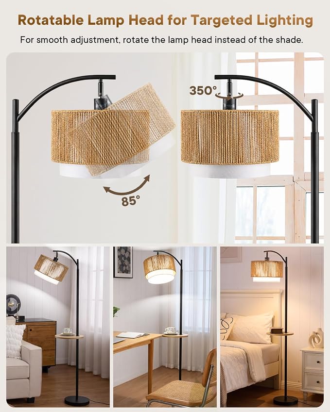 PESRAE Rattan Floor Lamp for Living Room with Side Table, Farmhouse Arc Floor Lamp with 3 Color Temperatures and Rattan & Fabric Lamp Shades, Boho Standing Lamp for Living Room, Bedroom Corner