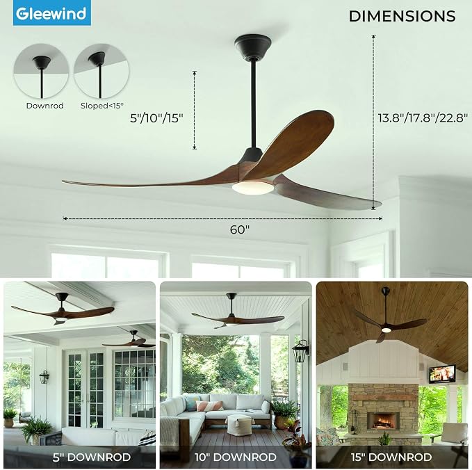 60 inch Outdoor Ceiling Fan with Light-Glass Lamp, 3 blade Wood Propeller Ceiling Fans with Lights and Remote Control for Patios, Exterior Damp Rated High CFM Ceiling Fans Modern Smart APP