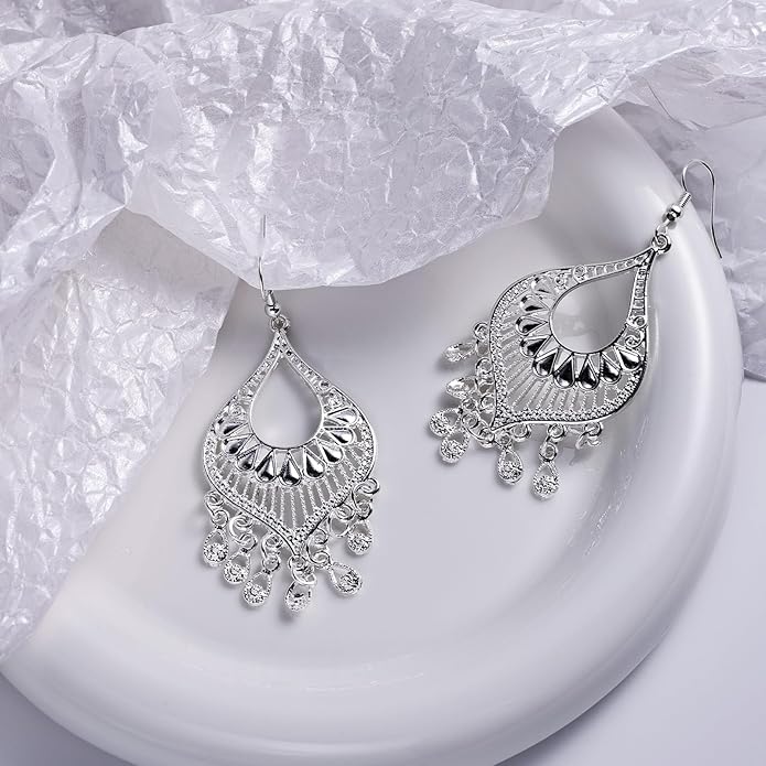 Silver 14K Gold & Rose Gold Plated Boho Chandelier Earrings – Intricate Bohemian Earrings with Filigree and Tassel Earrings for Women Trendy