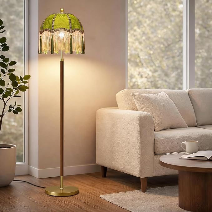 ILLMTW Vintage Floor Lamp for Living Room,Bedroom,Dimmable Standing Lamp with Remote,Green Mid Century Gold Tall Lamp Boho Retro Floor Light Wood Fringe Tassel Flower Unique Tiffany Victorian Decor