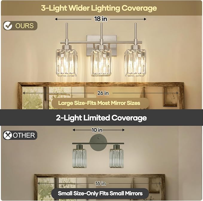 Torondo Modern Crystal Bathroom Vanity Light 3-Light Brushed Nickel Bathroom Light Fixtures Over Mirror Vanity Lighting Fixtures Square Shade Wall Sconce (Bulbs Not Include)
