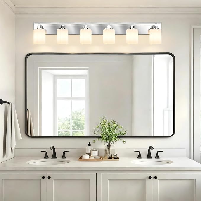 Modern Bathroom Lighting Fixtures Over Mirror, Vanity Lights for Bathroom, Wall Sconces with Milky White Glass Shades, E26 Ceramic Socket, 6-Light 43-inch Chrome