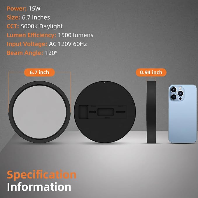 TALOYA Flush Mount Ceiling Light Fixture,6.7 Inch,15W,5000K Daylight Black | 100–240 VAC Input LED Ceiling Light for Bedroom, Living Room, Porch,Bathroom,Kitchen, Laundry,Hallway and Closet
