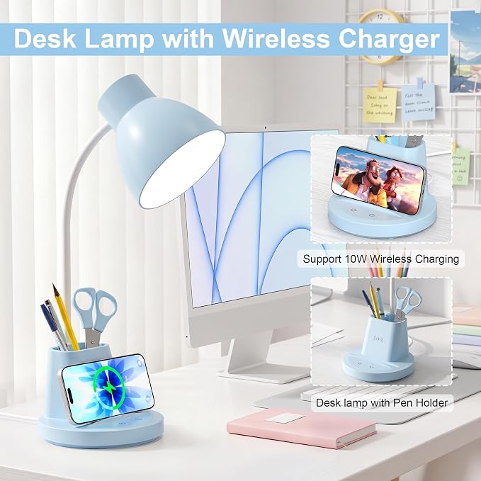 10W Wireless Charging LED Desk Lamp with Pen Holder, CRI 95, Blue | 800LM, 3 Modes, 360°Flexible Arm, Touch, Brightness, Table Lamp for Home Office, Dorm, Bedside, Study, Reading, with Adapter