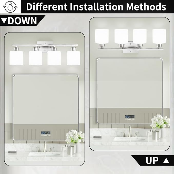 4 Light Bathroom Light Fixtures, Anti-Rust Finish Brushed Nickel Vanity Lights for Bathroom with Milky White Frosted Glass Shade for Mirror Bedroom Living Room E26 Base