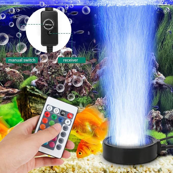 Aquarium Bubble Light LED Fish Tank Bubbler Light, Remote Controlled Aquariums Air Stone Disk Lamp with 16 Color Changing, 4 Lighting Effects for Tanks and Ponds