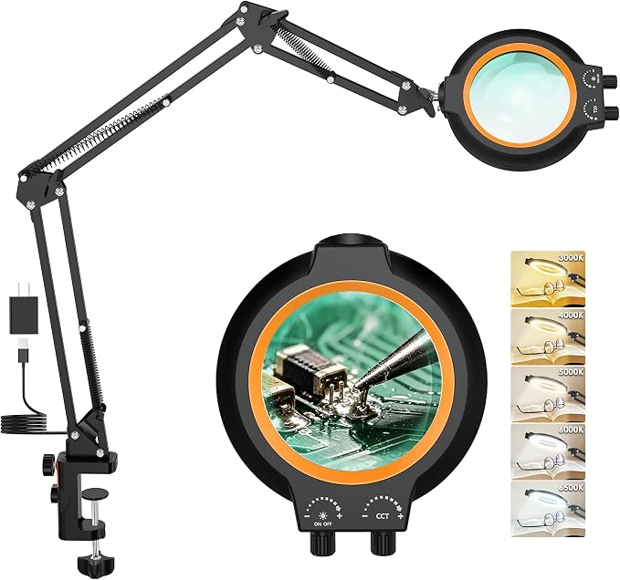 12X Magnifying Glass with Light and Stand Hands Free, Long Swing Arm Lighted Magnifier Lamp for Close Work, Dimmable Desk Magnifying Light with Clamp for Soldering Craft Jewelry Bench Sewing