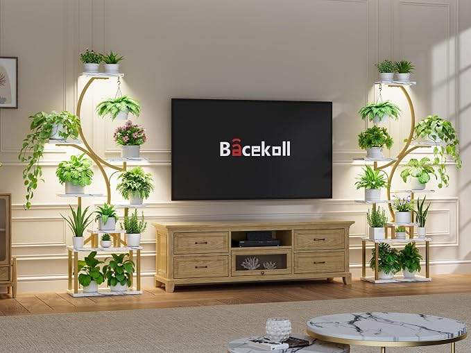 BACEKOLL Plant Stand Indoor with Grow Light, 8 Tier Corner Plant Shelf Tall | 62" Lighted Flower Holder for Plant Multiple, Space-Saving Beautiful Display Growing Rack for Home, Sturdy Metal, Faux Marble