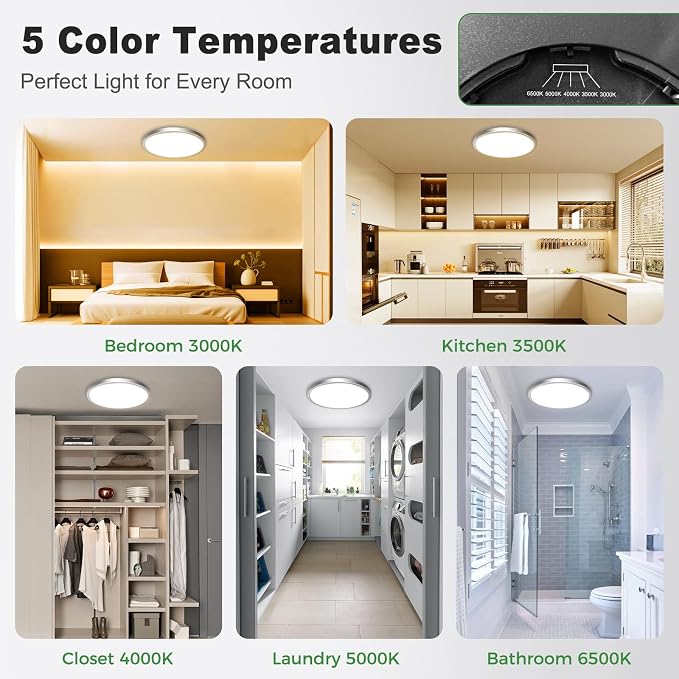 zemty 2Pack 15" LED Flush Mount Ceiling Light, 30W Dimmable, 5CCT (3000K–6500K) Brushed Nickel Round Fixture | Bright Low-Profile Lighting for Kitchen, Hallway, Bathroom, Living Room