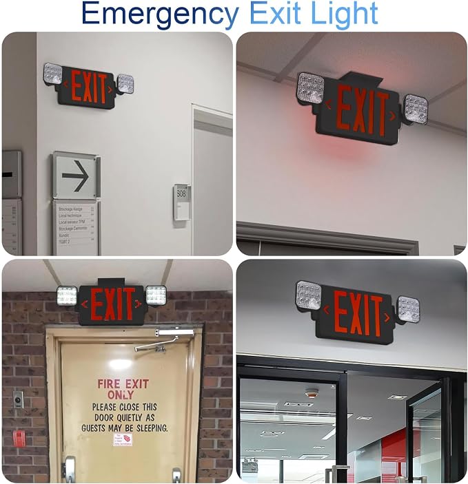 Black Red LED Exit Sign Emergency Light Combo, UL Listed Battery Backup | UL-listed commercial fire exit sign features 90-min battery backup, 360° rotating dual heads, and easy dual-mount setup.