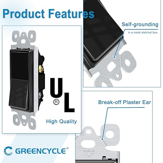 Greencycle Black Single Pole Rocker Light Switch,12PCS Paddle Light Switch 15 Amp,Sp Switches White,120V-277V AC,On/Off Wall Switches, Residential/Commercial Grade,Home & Office,UL/CUL