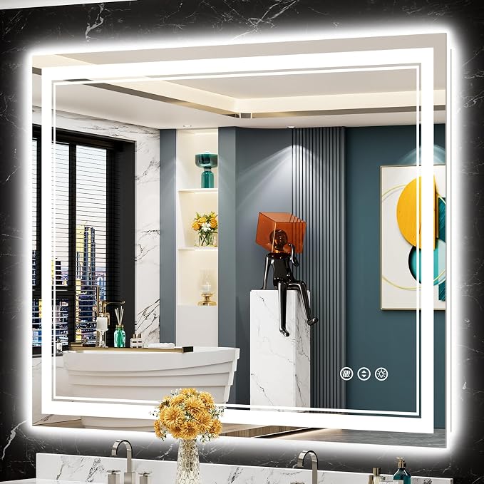 48x40 LED Bathroom Mirror, Backlit & Front Lit Lighted Mirror | Anti-Fog Vanity Mirror with Lights, 3 Color Dimmable, Memory, HD Tempered Glass, CRI95, IP54, UL Listed, Horizontal/Vertical