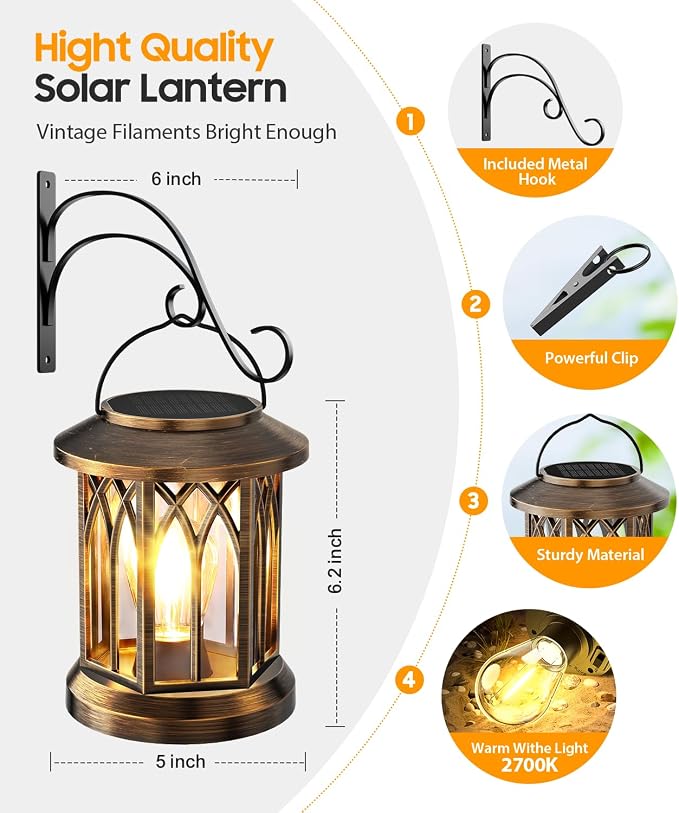 Solar Lantern Outdoor Lights with Wall Mount Kit, 4 Pack Upgraded Solar Lanterns Outdoor Waterproof, Hanging Solar Lights for Outside Decorative Yard Patio Path Porch Garden(Antique Copper)