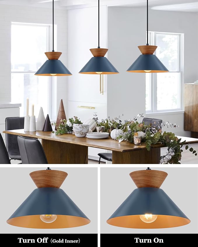 ELYONA 10 Inch Modern Pendant Light Fixture Farmhouse Solid Wood Hanging Lamp with Navy Blue Metal Shade & Gold Inner Finish Adjustable Pendant Light for Kitchen Island Dining Room Bedroom Modern Blue