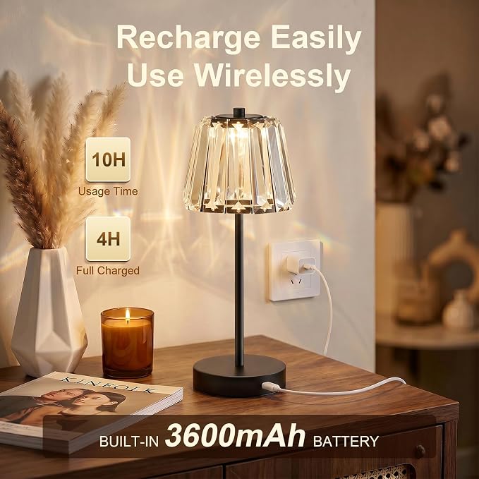 13" Small Crystal Cordless Table Lamp, Touch Rechargeable Desk Lamps | 3 Color Temps, Stepless Dimming, Black Portable Battery Operated LED Desk Lamps for Bedside, Nightstand, Kitchen, Patio, Gift