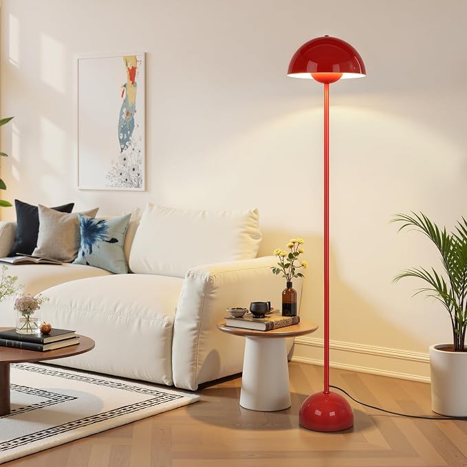 Coucrek Red Floor Lamp, 66'' Industrial Standing Lamp for Living Room | Tall Lamp with Unique Reflecting Shade, Mid Century Modern Ambient Lighting for Bedroom Corner