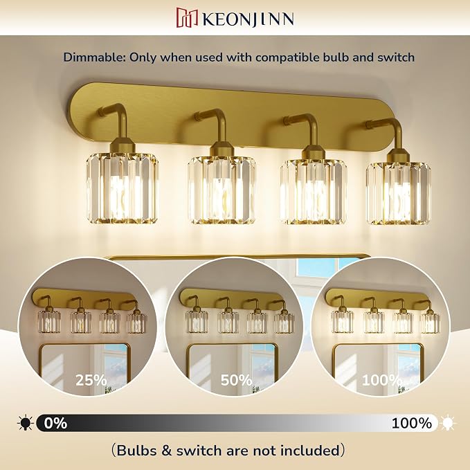 Keonjinn 6-Light Gold Crystal Bathroom Light Fixtures Over Mirror | Vanity Lighting Fixture with Crystal Square Shades, Dimmable, Modern Style, Compatible with E26 Base LED Bulbs (Exclude Bulb)