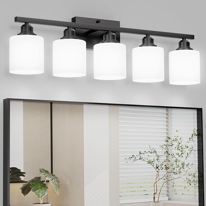 5-Light Bathroom Light Fixtures Over Mirror, Matte Black Vanity Lights, Modern Bathroom Vanity Light, Glass Shade & Anti-Rust Nickel Finished, Bathroom Light for Small Space