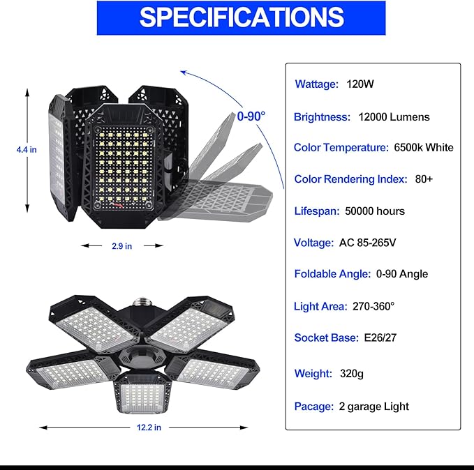 2 Pack LED Garage Lights, 120W Deformable LED Garage Ceiling Light with 5 Adjustable Panels, 12000LM E26 Shop Lamp for Basement, Barn, High Bay, Store (2 Pack)