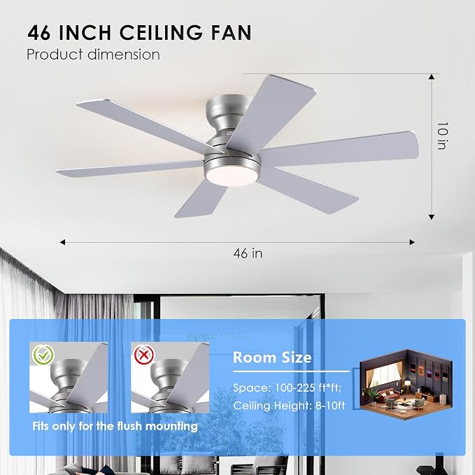 Asyko 46" Silver 6-Blade Modern Low Profile Ceiling Fan with Light & Remote | 6 Double-Sided Blades,6 Wind Speeds, Reversible,Dimmable 3 CCT LED Light, 25W Quiet DC Motor,1/2H Timer,for Bedroom Kitchen