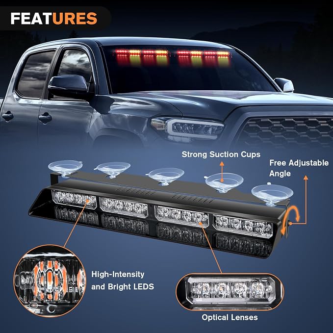 Nilight 32LED Amber Red Emergency Dash Strobe Lights with Controller | Suction Cups Warning Hazard Interior Front/Rear Windshield Deck Split Light Bar for Trucks Construction Vehicles
