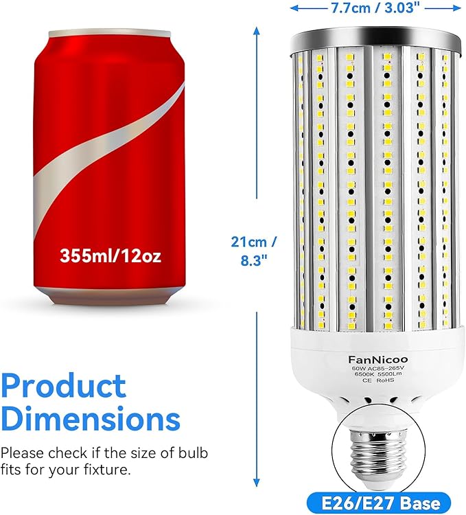 FanNicoo 2 Pack 500W Equivalent LED Corn Light Bulb 5500 Lumen 6500K 60W Large Area Cool Daylight White E26/E27 Medium Base for Outdoor Indoor Garage Warehouse Factory Workshop Street Backyard