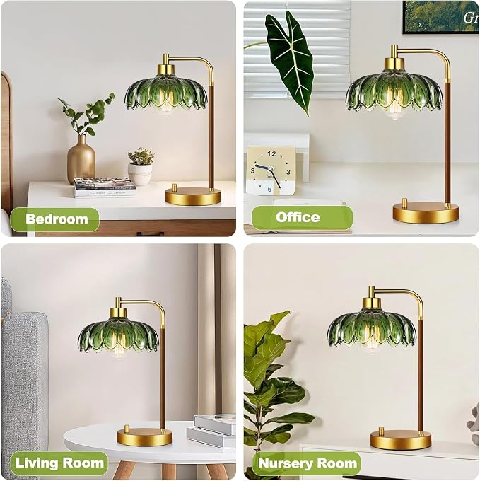 ILLMTW Vintage Table Lamp for Bedroom Living Room,Small Bedside Lamps Dimmable Bedroom Lamp with Glass Green Flower LampShade,Mid Century Modern Mini Nightstand Lamp Gold Boho Side Table Lamp