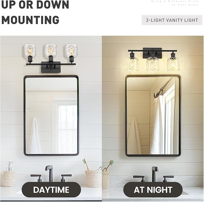 zeyu Bathroom Black Vanity Light, 21'' Black Bathroom Light Fixture 3 Light, Modern Vanity Lamp with Clear Hammered Glass, ZJF63B-3W BK