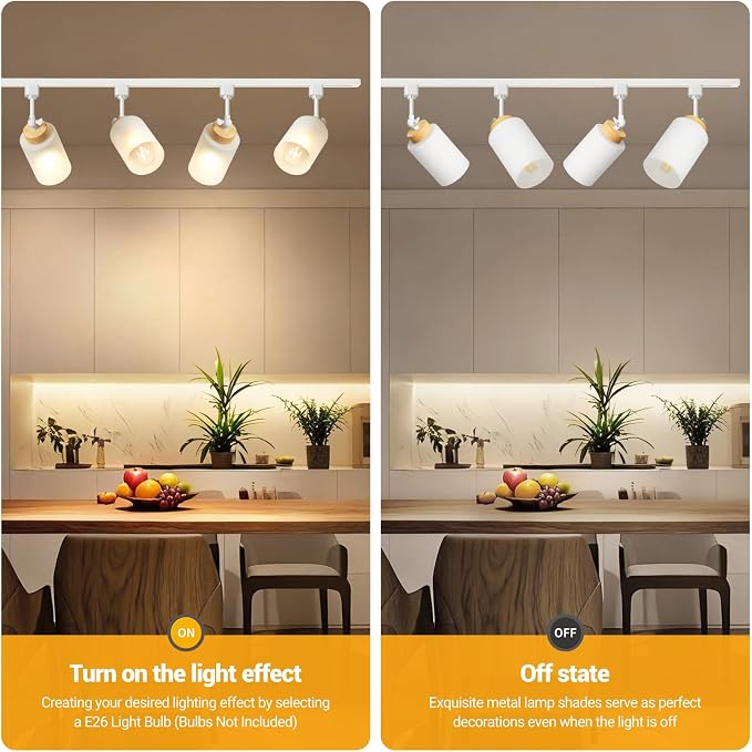 H Type Track Lighting Heads with Glass Lamp Shade, White 4 Pack | E26 Track Light Ceiling Modern for Kitchen, Compatible with H Track Rail System, Wood Style Pendant Light Fixtures - No Bulbs