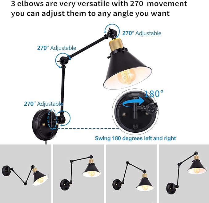 TRLIFE Wall Sconce Plug in, Dimmable Wall Sconce with Switch Swing Arm Wall Lights Plug in Wall Mounted Light Wall Sconces Lighting with 6FT Plug in Cord, E26 Base, UL Listed(Two Arms, 1 Pack)