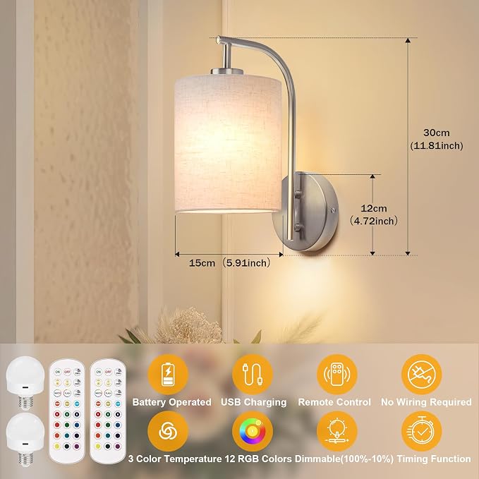 Battery Operated Wall Sconce Set of 2, Brushed Nickel Wall Light | Rechargeable Wall Mount Light Fixture, Dimmbale Bulb & Remote, 12 RGB Colors & Timer, Wireless Wall Lamp Linen Shade, Bedroom