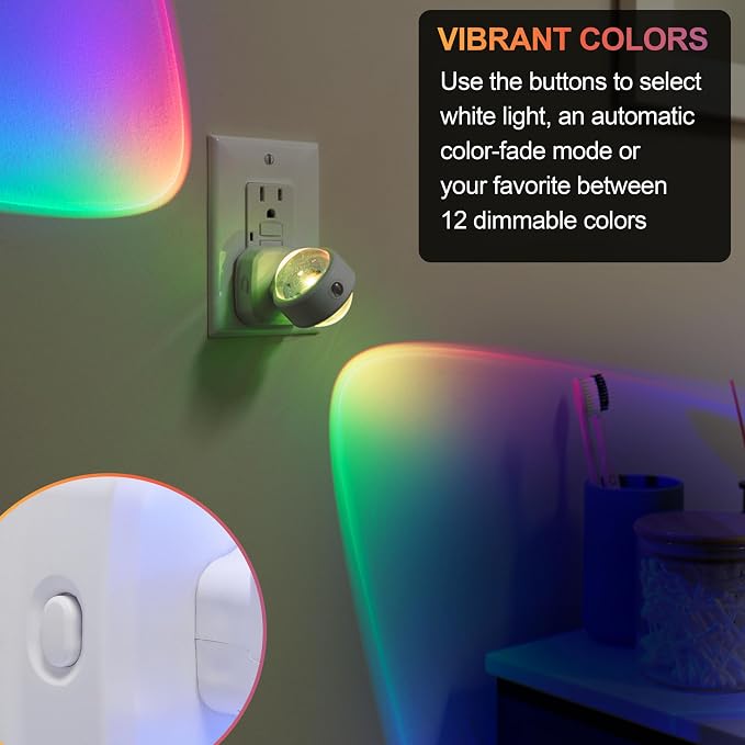 GE Plug in Color Changing Night Light with Dusk to Dawn Sensor, Wall Wash | for Home Decor Color Changing Dimmable Rotating Dusk to Dawn Sensor, Ambient Lighting, Apartment Essentials