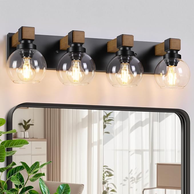 Bathroom Light Fixtures Over Mirror, Rustic 4-Light Wood Vanity Lights for Bathroom, Vintage Black Bathroom Wall Sconces Lighting with Globe Shades for Mirror Hallway Cabinet Living Room
