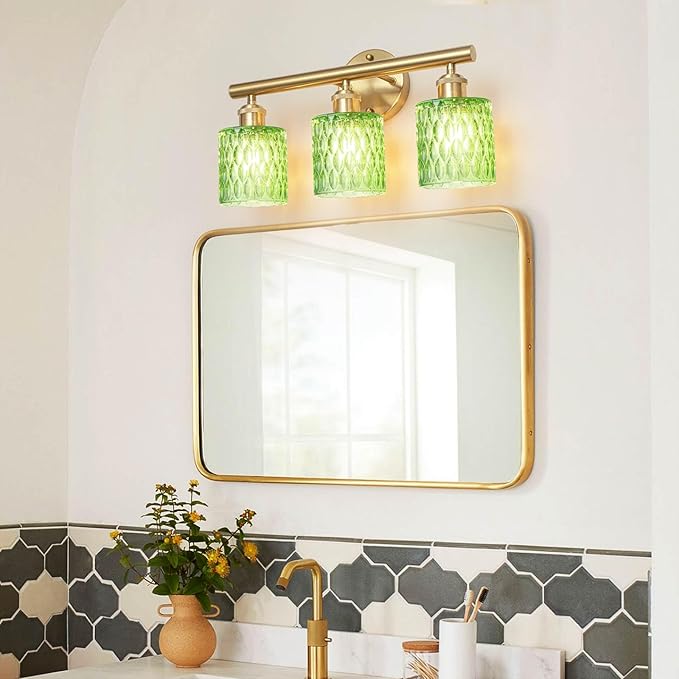 Bathroom Vanity Light, Gold Wall Fixture Over Mirror, Green Glass Shade Lighting with Bulbs Included for Bedroom & Living Room,3-Lights