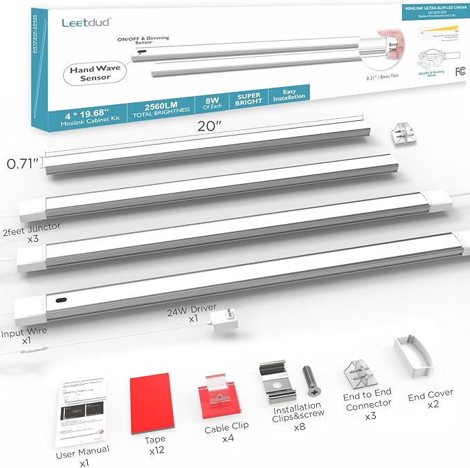 Hand Wave Under Cabinet LED Lighting Plug in, 20 Inch 4-Pcs Dimmable Linkable Ultra Thin Aluminum Alloy Housing, 4000K Natural White Motion Sensor Counter Lights for Kitchen, Shelf, Cupboard
