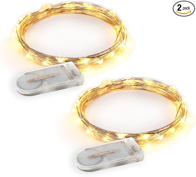 2-Pack 20 LED Wire Twinkle Fairy Lights, Battery Powered, Waterproof — Christmas, Holidays, Wedding, Party — Bedroom, Living Room — 6.5 Ft, Warm White, Indoor & Outdoor