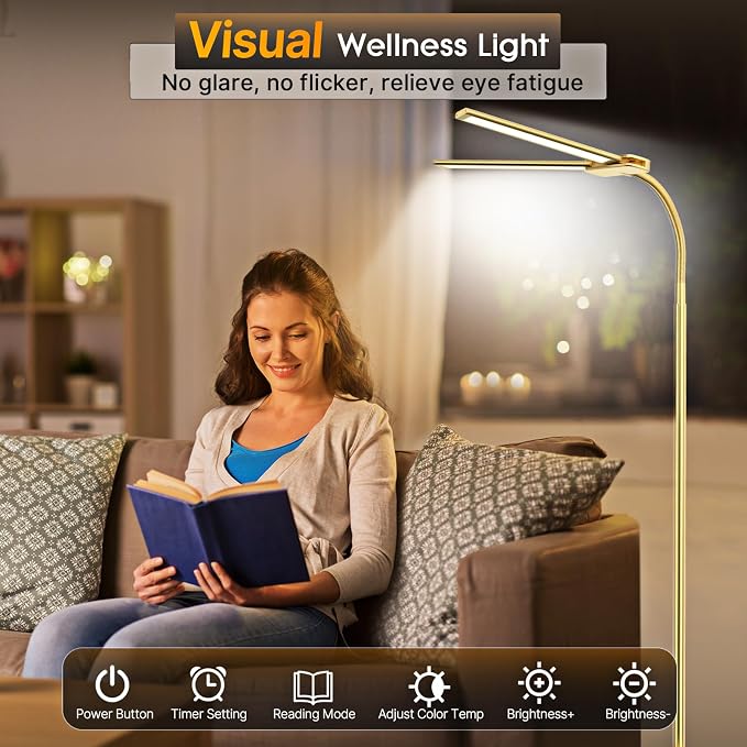 Syrinx LED Floor Lamp, 18W 2000LM Bright Reading Floor Lamp for Office, Gesture & Remote Control, Dual Head Gooseneck Standing Lamp, Dimmable Brightness & Color Temp, Floor Light for Living Room, Gold