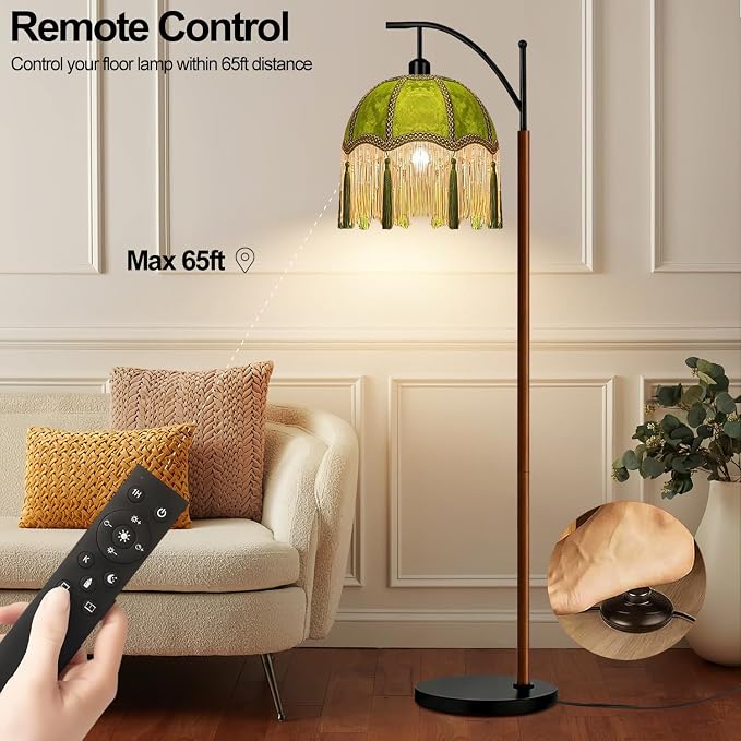 ILLMTW Fringe Floor Lamp for Living Room,Bedroom,Victorian Standing Lamp with Remote Dimmable,Green Mid Century Black Arc Tall Lamp Boho Vintage Retro Wood Tassel Flower Unique Lamp Tiffany Decor