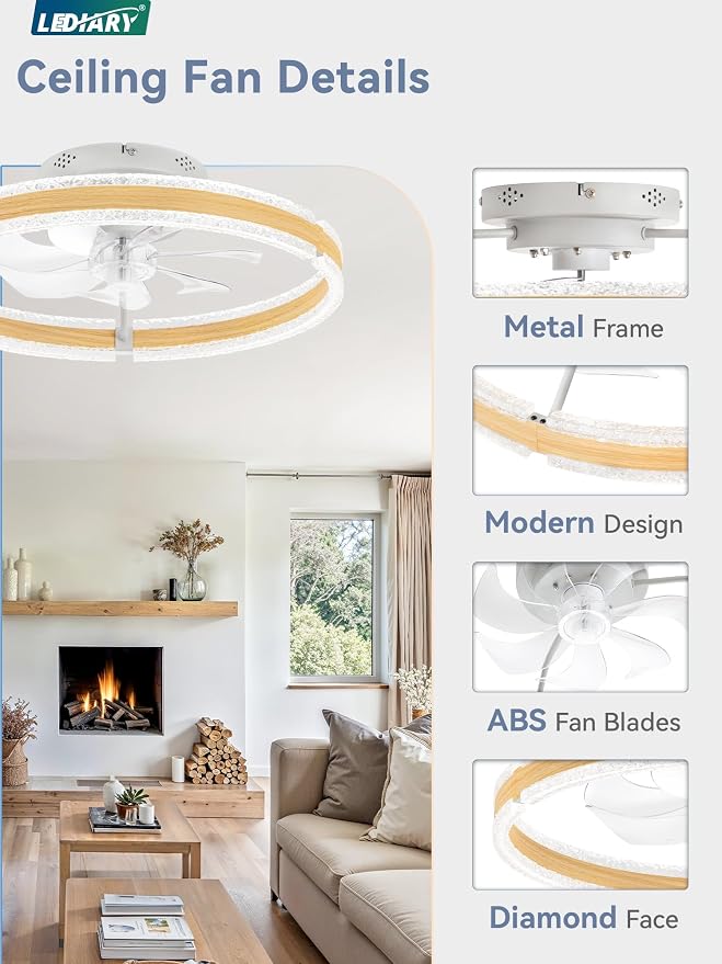 LEDIARY Ceiling Fans with Lights and Remote, 20'' Low Profile Ceiling Fan with Light, 3000-6000K Dimmable Fandelier Ceiling Fans, Modern Flush Mount Fan Light for Bedroom with 6 Wind Speeds-Wood Grain | 3000-6000K Dimmable LED, 6 Wind Speeds, Quiet Rev...