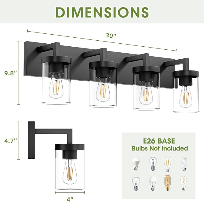 Bathroom Vanity Light, 4 Light Matte Black Vanity Light with Clear Glass Shade, 30in Farmhouse Vanity Light, Bathroom Lighting Fixtures Over Mirror for Bathroom