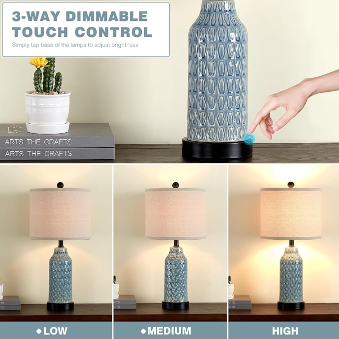 Ceramic Table Lamps for Bedroom Set of 2,Touch Lamp with USB Ports for Nightstand, 3-Way Dimmable Blue Coastal Bedside Lamps for Bedroom Living Room End Table Side Table(Bulbs Included)